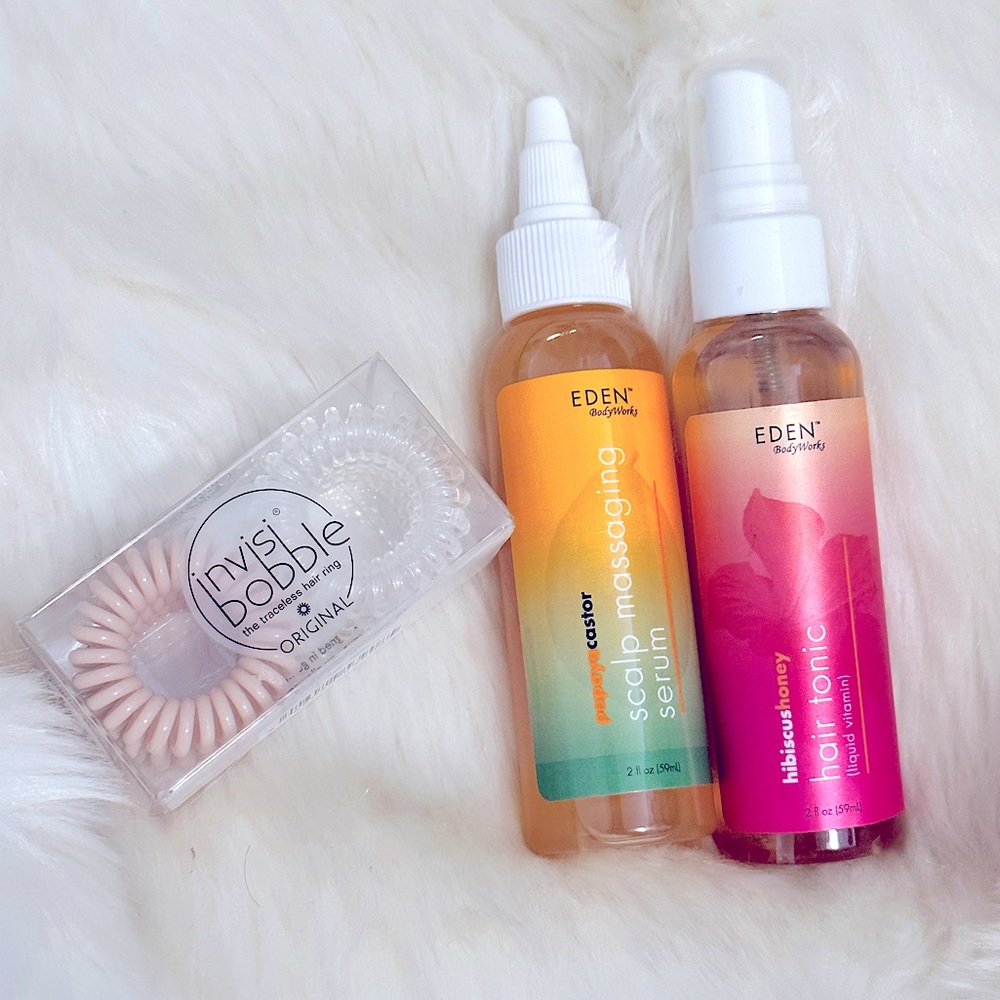 NEW 3pc Hair Bundle, Eden Hair Tonic Hibiscus Honey+Scalp Treatment +6 invisTies